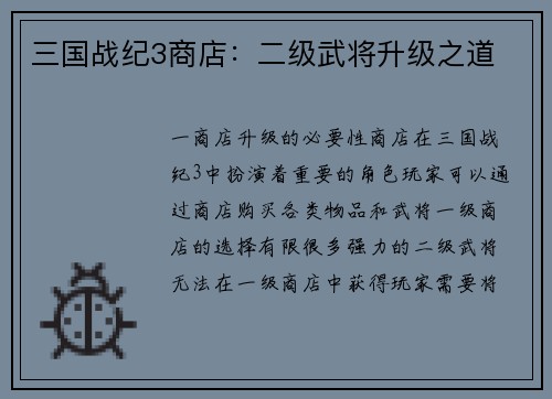 三国战纪3商店：二级武将升级之道
